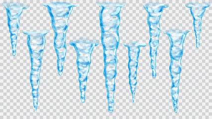 Set of translucent light blue icicles on transparent background. Transparency only in vector file - obrazy, fototapety, plakaty
