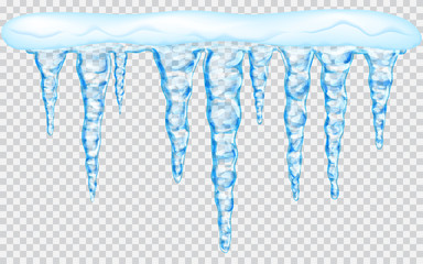 Hanging translucent icicles with snow in light blue colors on transparent background. Transparency only in vector file - obrazy, fototapety, plakaty