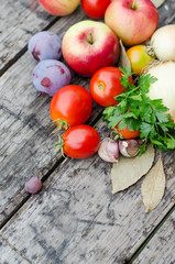 vegetables and herbs on wooden background
