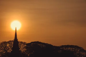 Rolgordijnen silhouette Thai pagoda (ayutthaya style) and tree bush in the su © gumpapa