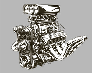 Detailed hot road engine with skull tattoo