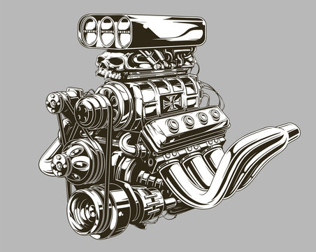 Naklejka Detailed hot road engine with skull tattoo