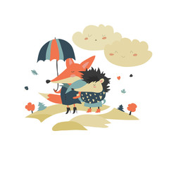 Cute fox and hedgehog walking under umbrella