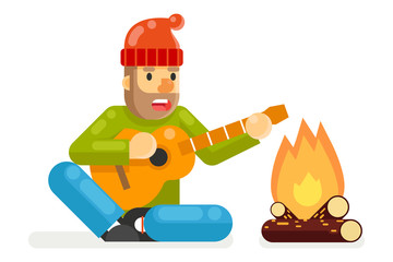 Traveler Sings Plays Guitar Campfire Flat Design isolated Template Vector Illustration