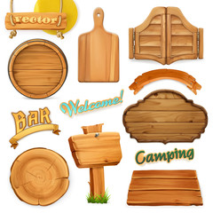 Naklejka premium Wooden sign set. Template for logo, emblem. 3d vector