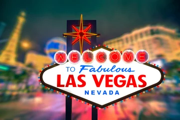 Foto op Aluminium Welkom bij het fantastische bord van Las Vegas Nevada met vervagende stripweg b © littlestocker