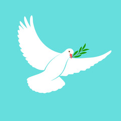 White Dove Vector Icon with Olive Branch. Peace Symbol. Pigeon Isolated Logo. White Flying Bird Emblem. Flat Dove Sign. International Day of Peace Poster Template with white dove, olive. 21 september.
