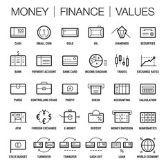 Icons set of money, finance and values area. Thick and thin lines. Black on white.