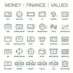 Icons set of money, finance and values area. Thick and thin lines. Colored on white.
