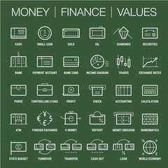 Icons set of money, finance and values area. Thick and thin lines. White on color.