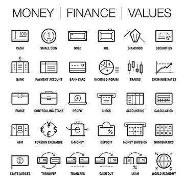 Icons set of money, finance and values area. Thick and thin lines. Black on white.