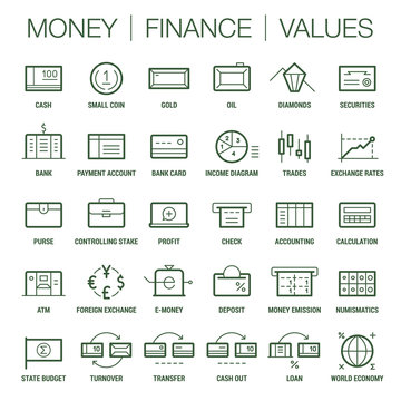 Icons set of money, finance and values area. Thick and thin lines. Colored on white.