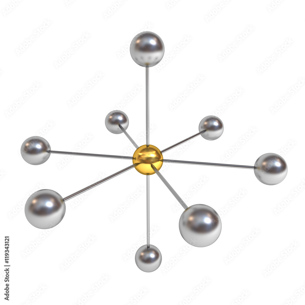 Aufkleber 3d network structure concept with gold sphere in the center isolated on white background with shadow 3D rendering