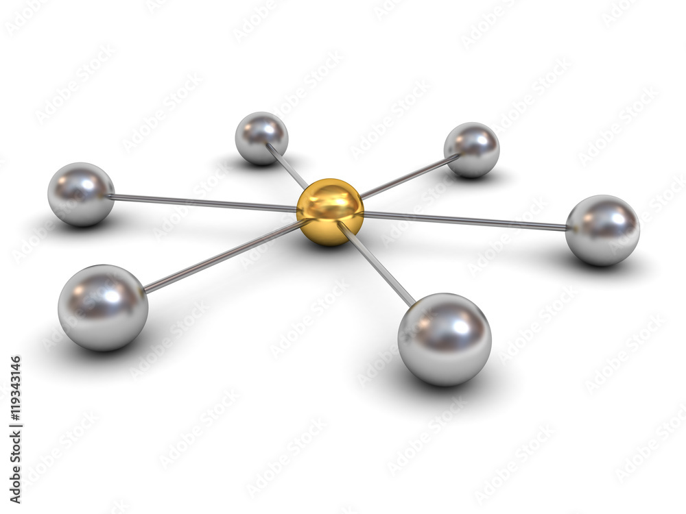 Aufkleber 3d network structure concept with gold sphere in the center isolated on white background with shadow 3D rendering
