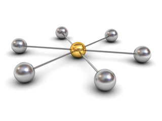 3d network structure concept with gold sphere in the center isolated on white background with shadow 3D rendering
