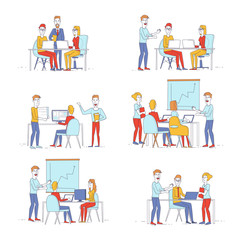 Fototapeta premium Business characters thin line. Co working people, meeting, teamwork, collaboration and discussion, presentation of the project, brainstorm. Workplace. Office life. Flat design vector illustration.