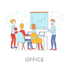 Business characters thin line. Co working people, meeting, teamwork, collaboration and discussion, presentation of the project, brainstorm. Workplace. Office life. Flat design vector illustration.