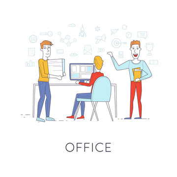 Business characters thin line. Co working people, meeting, teamwork, collaboration and discussion, presentation of the project, brainstorm. Workplace. Office life. Flat design vector illustration.