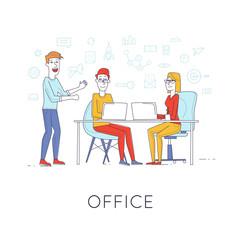 Business characters thin line. Co working people, meeting, teamwork, collaboration and discussion, presentation of the project, brainstorm. Workplace. Office life. Flat design vector illustration.