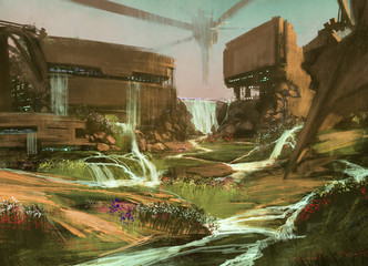 Fototapeta na wymiar landscape with sci-fi buildings,illustration,digital painting