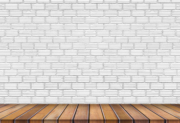 empty wooden table with white brick background