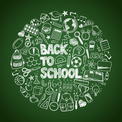 Back to School - sketch doodle set. Various hand-drawn school items arranged as circle on a green background blackboard. Vector illustration