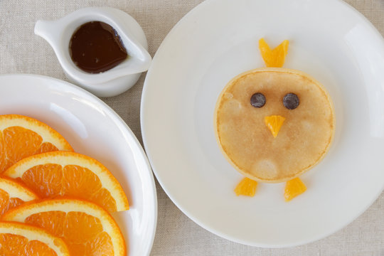 Chick pancake breakfast, fun food art for kids