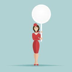 Smilling stewardess stay and hold a round billboard