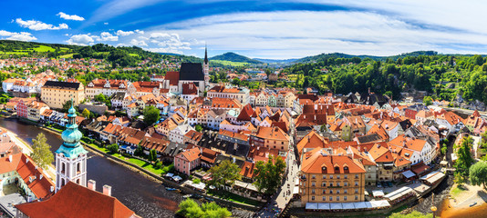 Naklejka premium Panoramic aerial view over the old Town of Cesky Krumlov, Czech Republic