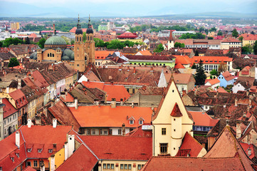 Fototapeta na wymiar Sibiu city centre, roofs and cathedral, Romania