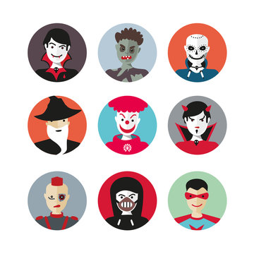 Scary heroes for Halloween. Flat cartoon icons set.