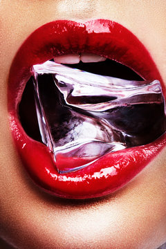 red lips mouth with ice beauty