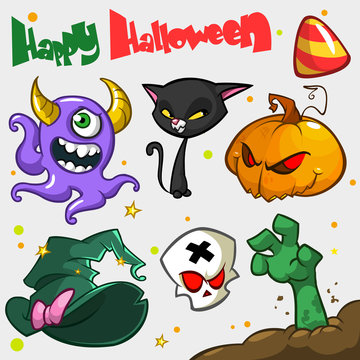 Vector set of Halloween pumpkin and attributes icons. Witch cat,