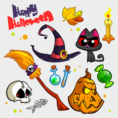 Vector set of Halloween pumpkin and attributes icons. Witch cat, pumpkin head, skull, witch hat, poison bottle, broomstick, big candy, candle and fish skeleton. 