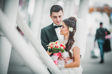 Romantic gentle gorgeous bride and groom on the background of modern futuristic architecture