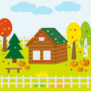 Autumn Garden with House, Pumpkins, Leaves, Trees, Sky. Flat Design Style.