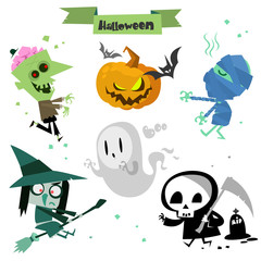 Cute cartoon Halloween characters icon set. Zombie, pumpkin head, mummy, bat, witch, ghost, grim reaper, death and cemetery. Vector  Halloween elements