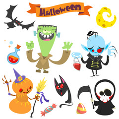 Cute cartoon halloween characters icon set.Frankenstein, pumpkin head, bat, witch cat, vampire and grim reaper. Vector illustration