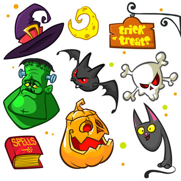 Set of Halloween pumpkin and attributes icons. Witch cat, pumpkin, monster, book of spells, skull, grem reaper, bat, witch hat, moon, cat