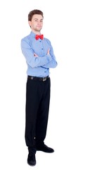 Referee suit and tie butterfly separates boxers. white background. Proud businessman standing arms folded