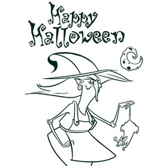 Halloween witch in hat holding a rat in her hand outlines. Vector illustration of witch silhouette. Coloring book