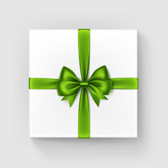 White Square Gift Box with Bow and Ribbon on Background