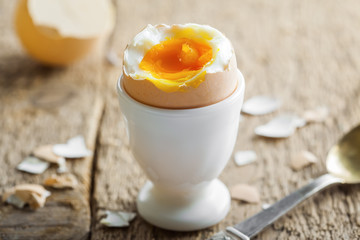 Traditional breakfast with perfect soft boiled egg . International cuisine food.