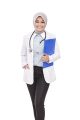 beautiful asian female doctor with stethoscope and pad