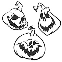 Vector set of Back And White Scaring Halloween Pumpkins with various expressions.  Cartoon coloring characters outlinesexpressions.  Cartoon coloring characters outlines