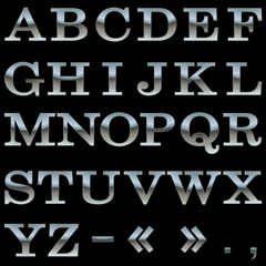 Steel alphabet vector template isolated on black background.