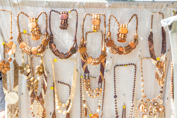 Handmade wooden beads at market place