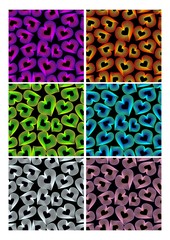 Set of seamless patterns with colorful heart shapes in outline design on dark background. Vector collection color samplers