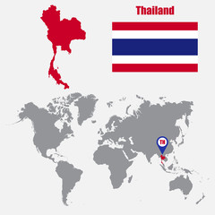 Thailand map on a world map with flag and map pointer. Vector illustration