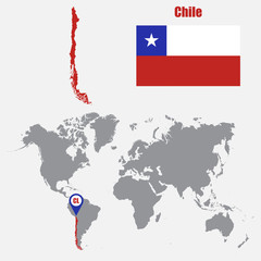 Chile map on a world map with flag and map pointer. Vector illustration